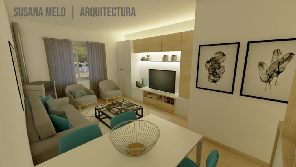 Perspetiva de sala de estar moderna com quadros botânicos e sofá cinza.