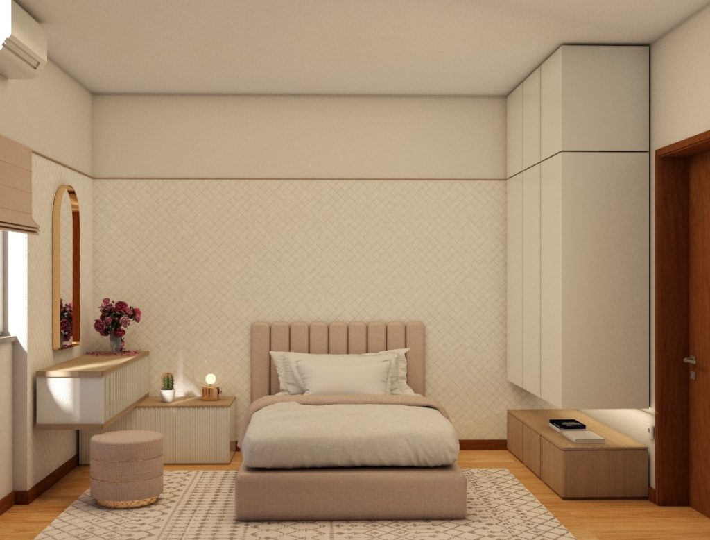 Quarto com cama individual e cabeceira estofada, cómoda com espelho, tapete e armário suspenso.