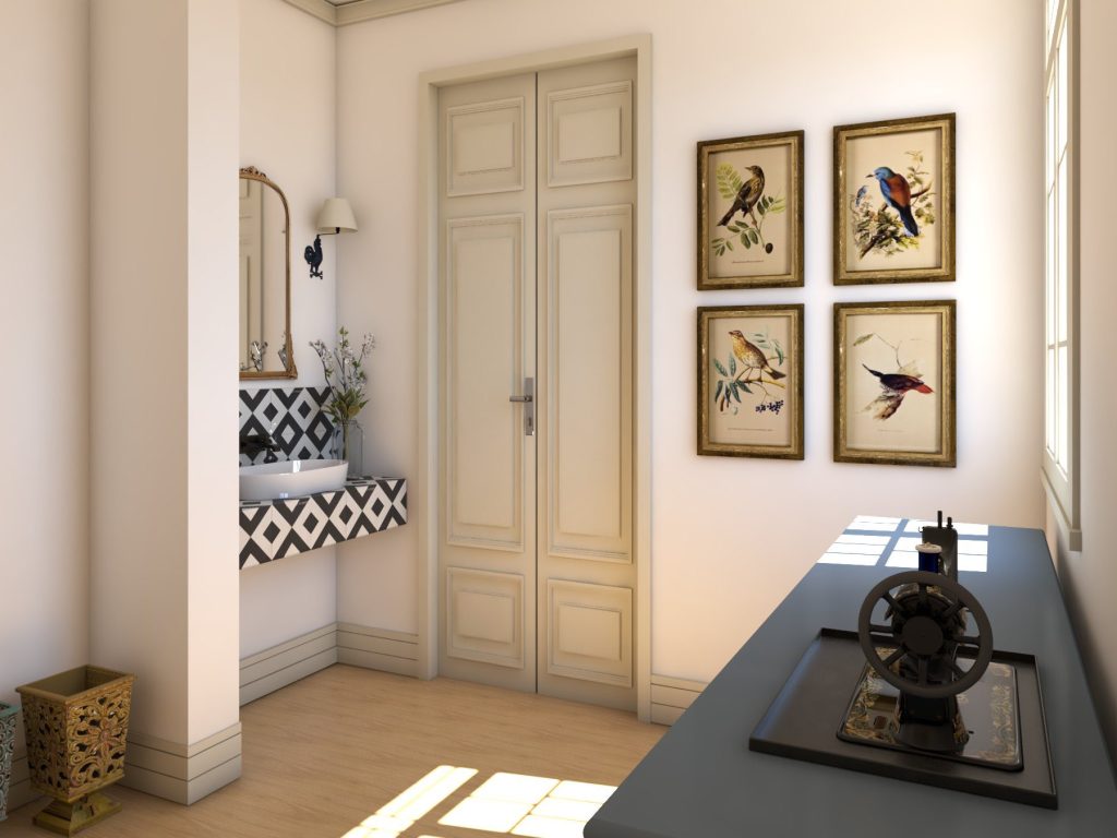 Entrada com lavatório em padrão preto e branco, porta dupla, mesa com máquina de costura e quadros de aves.