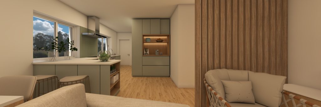 Cozinha open‑plan com ilha, frigorífico integrado e painel ripado em madeira junto à zona de estar.